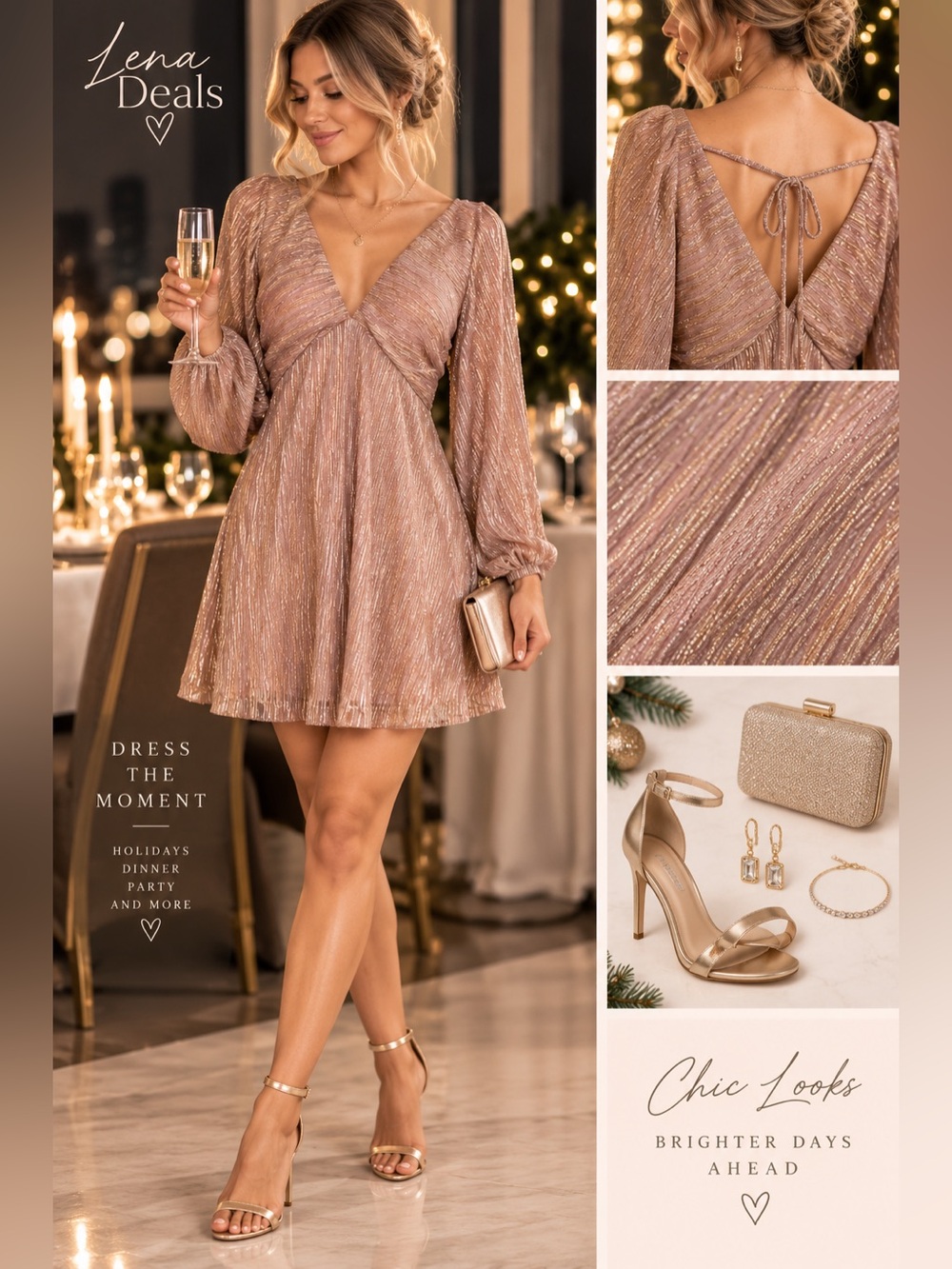 En Crème Bright Shimmer Gold- Rose Long Sleeve V-Neck Mini Dress Available SML